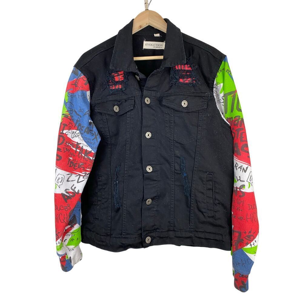 Evolution in Design XL Black Denim Graffiti Jersey Sleeve Trucker Jacket *